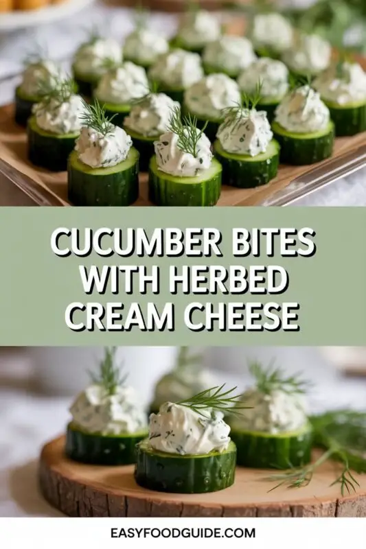 A platter of refreshing Cucumber Bites topped with herbed cream cheese and garnished with fresh herbs.