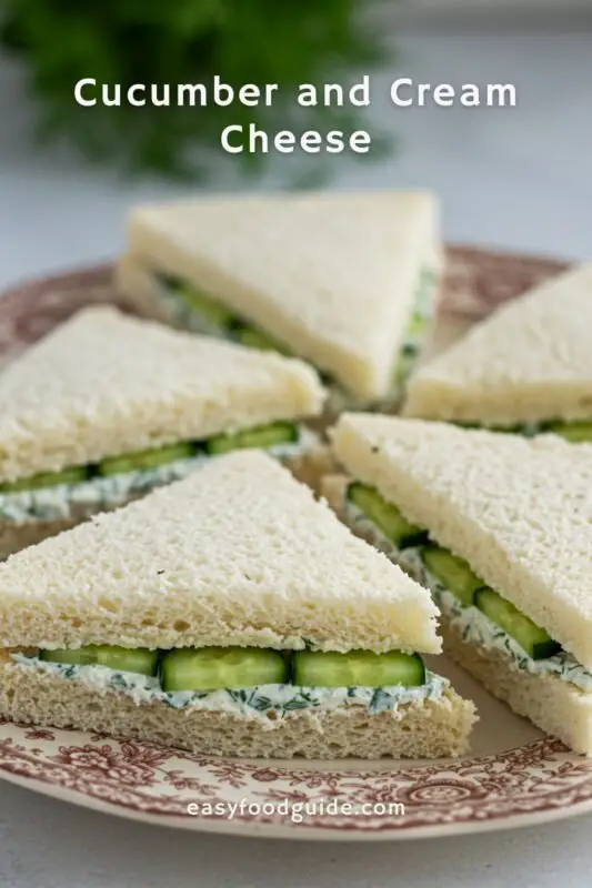 A vintage plate filled with triangular cucumber and cream cheese sandwiches, garnished with fresh dill.