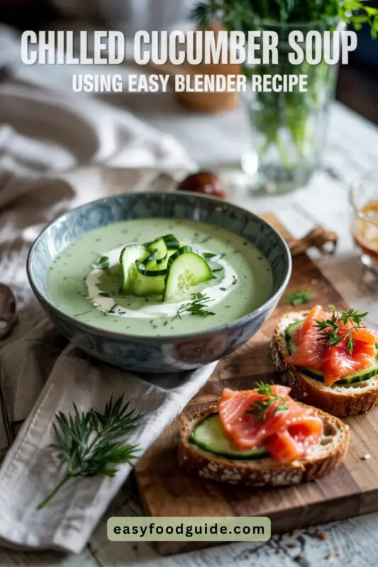 Chilled cucumber soup garnished with cucumber and dill, served with smoked salmon on rye bread.