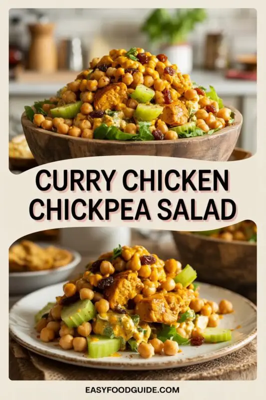 A vibrant Curry Chicken Chickpea Salad with chicken, chickpeas, celery, and raisins in a colorful bowl.