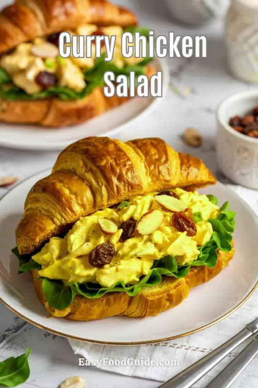Creamy curry chicken salad sandwich with almonds and raisins on a white plate.