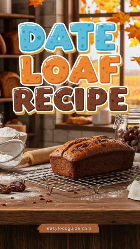 A freshly baked date loaf cooling on a wire rack in a cozy kitchen setting.