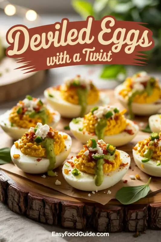 A colorful display of Mexican Street Corn Deviled Eggs topped with corn, cotija cheese, jalapeños, and avocado crema on a wooden table.