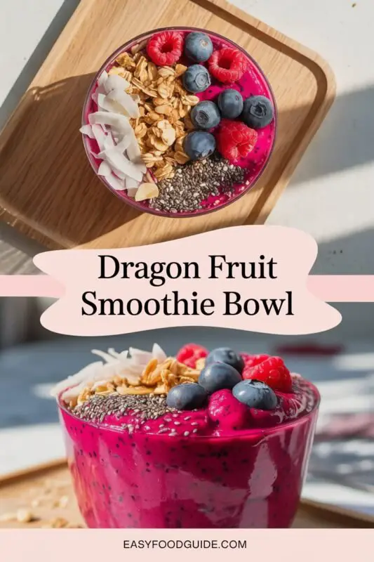 A vibrant dragon fruit smoothie bowl topped with berries, coconut, chia seeds, and granola on a wooden table.