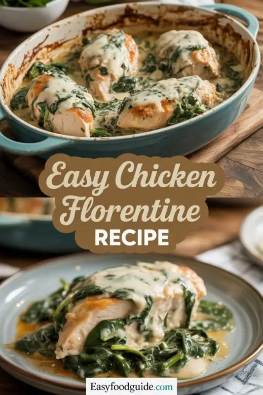 Creamy Chicken Florentine with spinach sauce on a plate next to pasta, elegantly presented on a table.