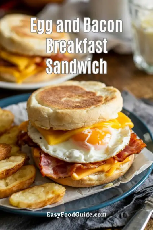 An egg and bacon breakfast sandwich with melted cheddar cheese on an English muffin, served with hash browns on a blue plate.