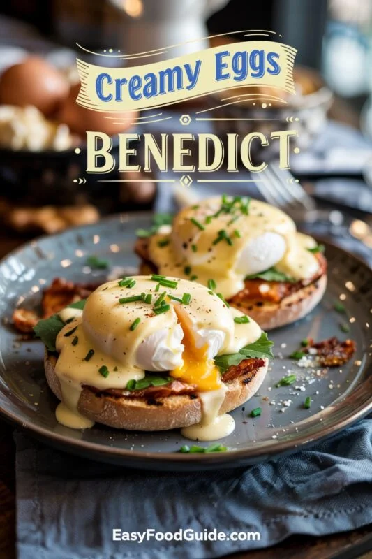 Luxurious creamy eggs benedict on English muffins with hollandaise sauce and chives in an elegant brunch setting.