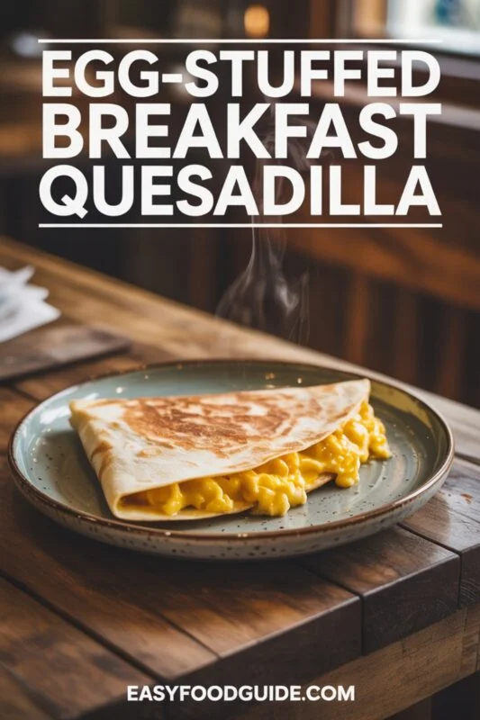 egg-stuffed-quesadilla-05 fried quesadilla with scrambled egg filling and gooey cheese stretching from its crispy fold, served on a ceramic plate over a wooden table.
