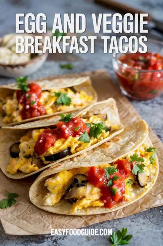 Delicious egg and veggie breakfast tacos with salsa and avocado on a kitchen countertop.
