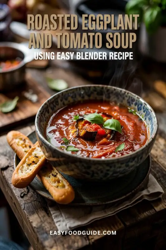 eggplant-tomato-soup-01 Rich roasted eggplant and tomato soup garnished with basil and served with garlic breadsticks.