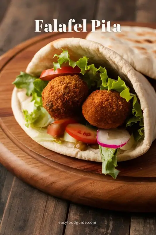 Crispy falafel pita sandwich with tahini sauce, lettuce, tomato, and pickled turnips on a wooden board.