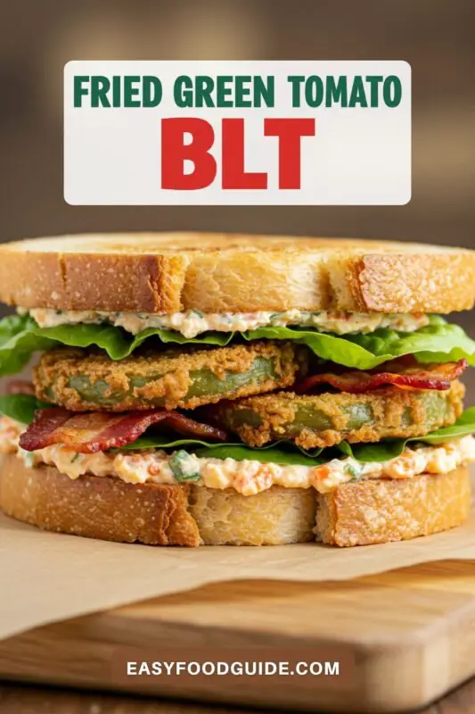 A mouth-watering Fried Green Tomato BLT sandwich with crispy fried tomatoes, bacon, lettuce, and pimento cheese on toasted sourdough, set on a rustic table.