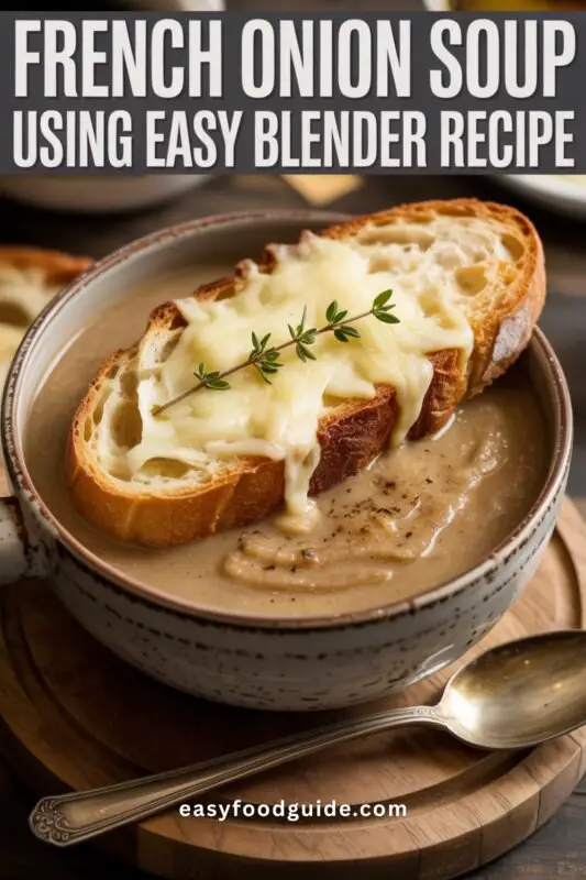 A two-photo collage of Delicious Blended Soup. The top photo shows A rustic ceramic bowl filled with smooth, golden-brown blended French onion soup. On top floats a thick slice of toasted artisan bread, smothered in melted, bubbly Gruyère cheese, slightly browned from broiling. Garnished with fresh green thyme sprigs. Presented on a wooden serving board with a vintage soup spoon beside it, warm lighting, inviting and gourmet restaurant-style atmosphere, photorealistic. The bottom image zooms in to show the same dish. At the center a full-width contrast banner, featuring an uppercase bold text overlay using contrasty fonts displaying "French Onion Soup" and " using Easy Blender Recipe"
