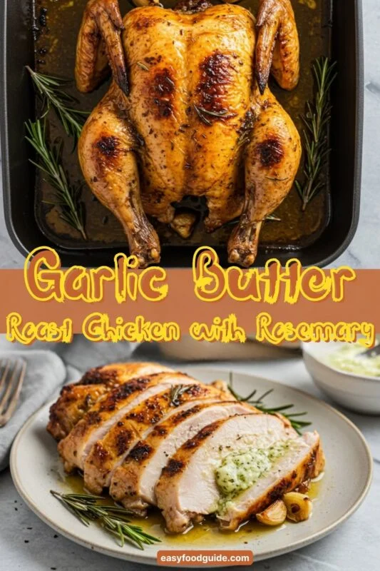 Garlic Butter Roast Chicken with Rosemary on a wooden cutting board, garnished with rosemary and served with garlic butter.