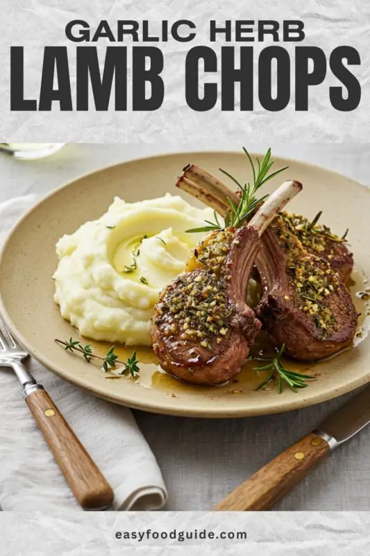 A beautifully presented plate of garlic herb lamb chops with mashed potatoes and roasted carrots on a rustic wooden table.
