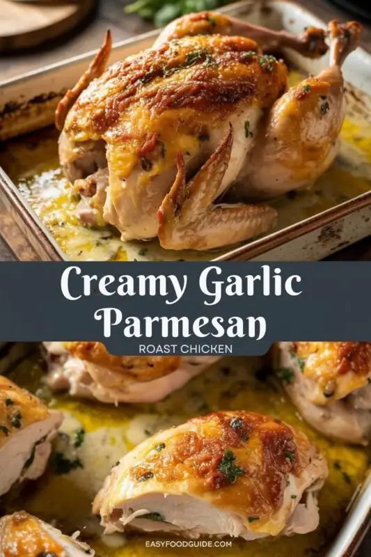 Roast chicken with creamy garlic parmesan sauce, garnished with parsley, served with vegetables.