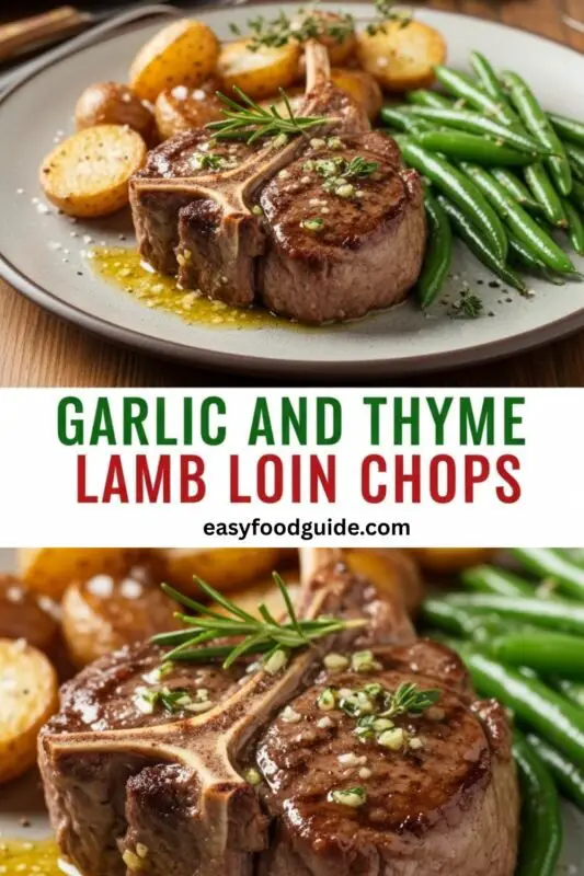 garlic-thyme-lamb-loin-01 Golden-brown seared lamb loin chops in a cast iron skillet, garnished with garlic herb butter, thyme, and rosemary, with roasted potatoes and green beans in the background.