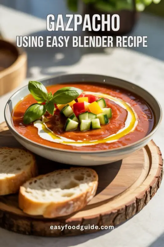 Chilled tomato gazpacho in a glass bowl with cucumber and bell pepper garnish, served with crusty bread.