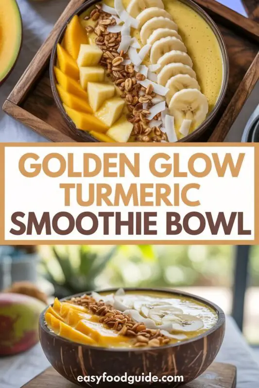Golden Glow Turmeric Smoothie Bowl with mango, pineapple, and turmeric, topped with granola and fresh fruit.