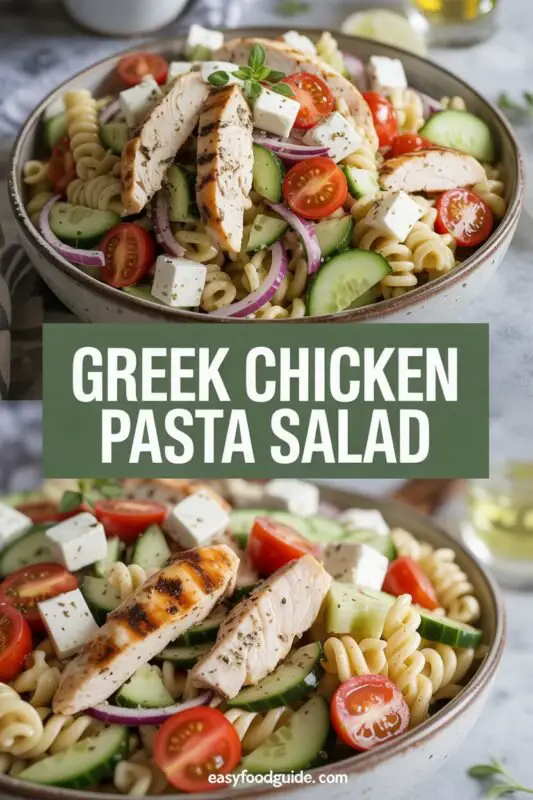 A bowl of Mediterranean Greek Chicken Pasta Salad with chicken, pasta, vegetables, and feta cheese, served on a rustic table.