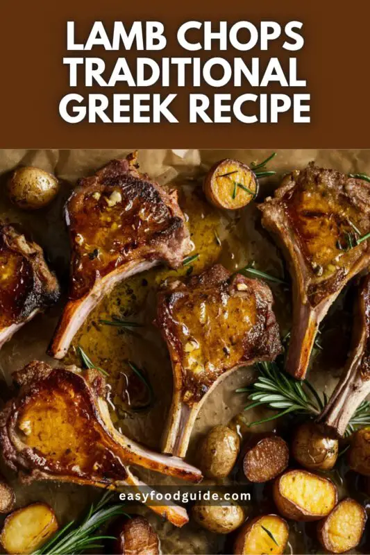 Grilled lamb chops on a rustic plate with roasted potatoes and Greek salad, garnished with herbs and tzatziki sauce.