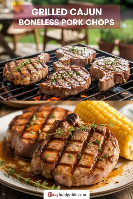 Grilled Cajun boneless pork chop garnished with herbs, served with colorful veggies on a rustic table.