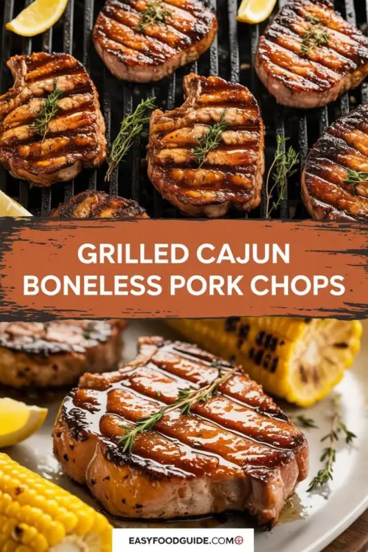Grilled Cajun boneless pork chop garnished with herbs, served with colorful veggies on a rustic table.