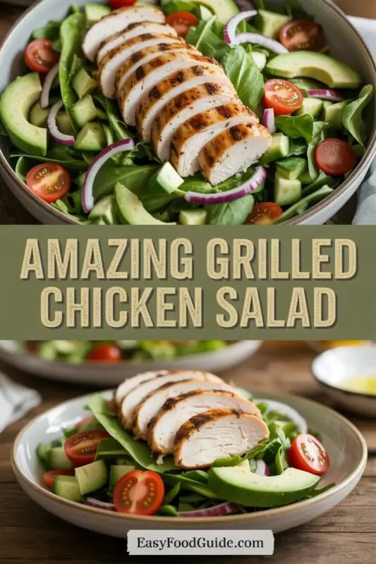A colorful grilled chicken salad with mixed greens, cherry tomatoes, cucumbers, and avocado, topped with grilled chicken slices.