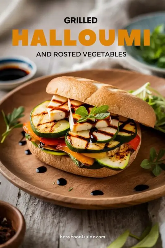 A grilled halloumi and roasted vegetable sandwich on a wooden plate, with vibrant veggies and herbs, served with balsamic and greens.
