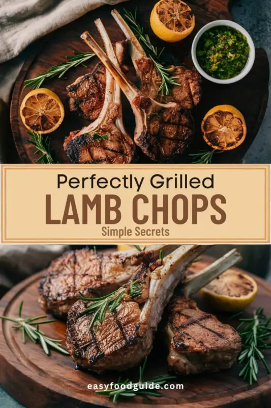 Perfectly grilled lamb chops with garlic herb butter on a rustic wooden board, garnished with rosemary and roasted lemon.