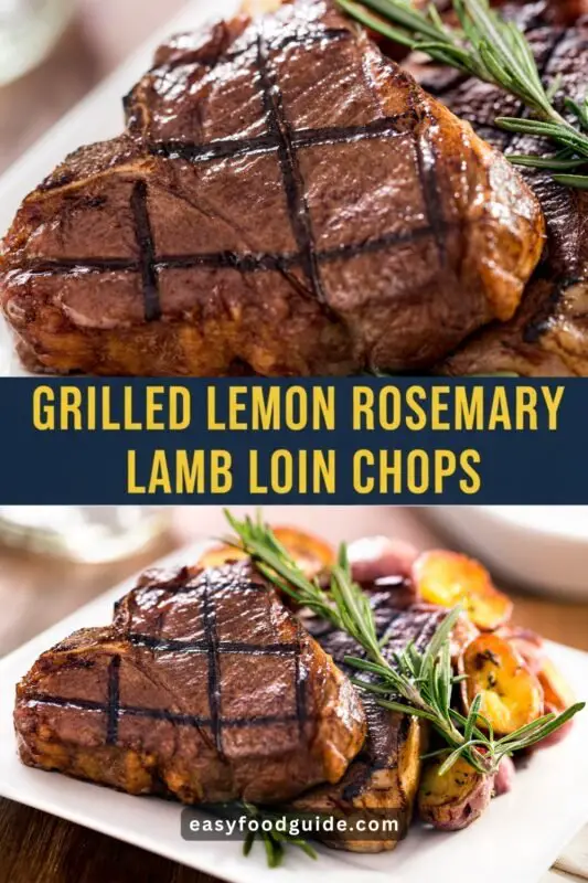 grilled-lamb-loin-01 Grilled lemon rosemary lamb loin chops on a grill, garnished with rosemary and lemon slices, with a rustic wood table setting.
