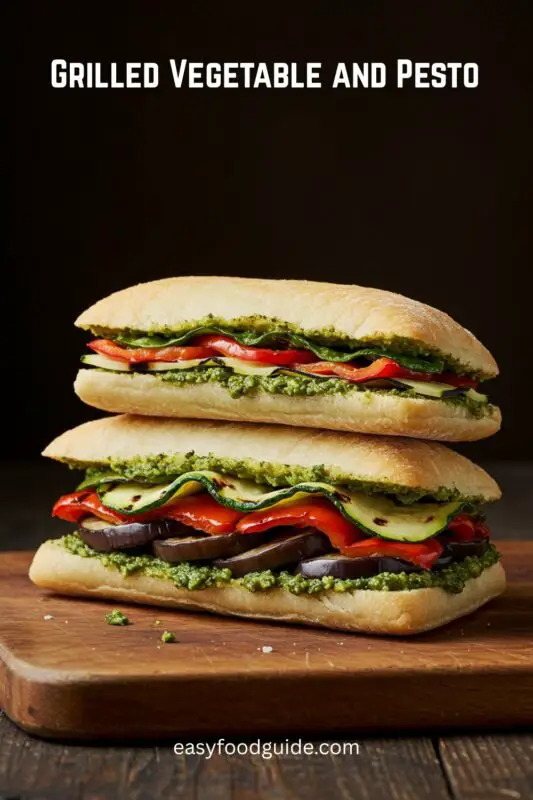 A grilled vegetable and pesto sandwich with zucchini, eggplant, and bell peppers in ciabatta, cut diagonally on a wooden board.