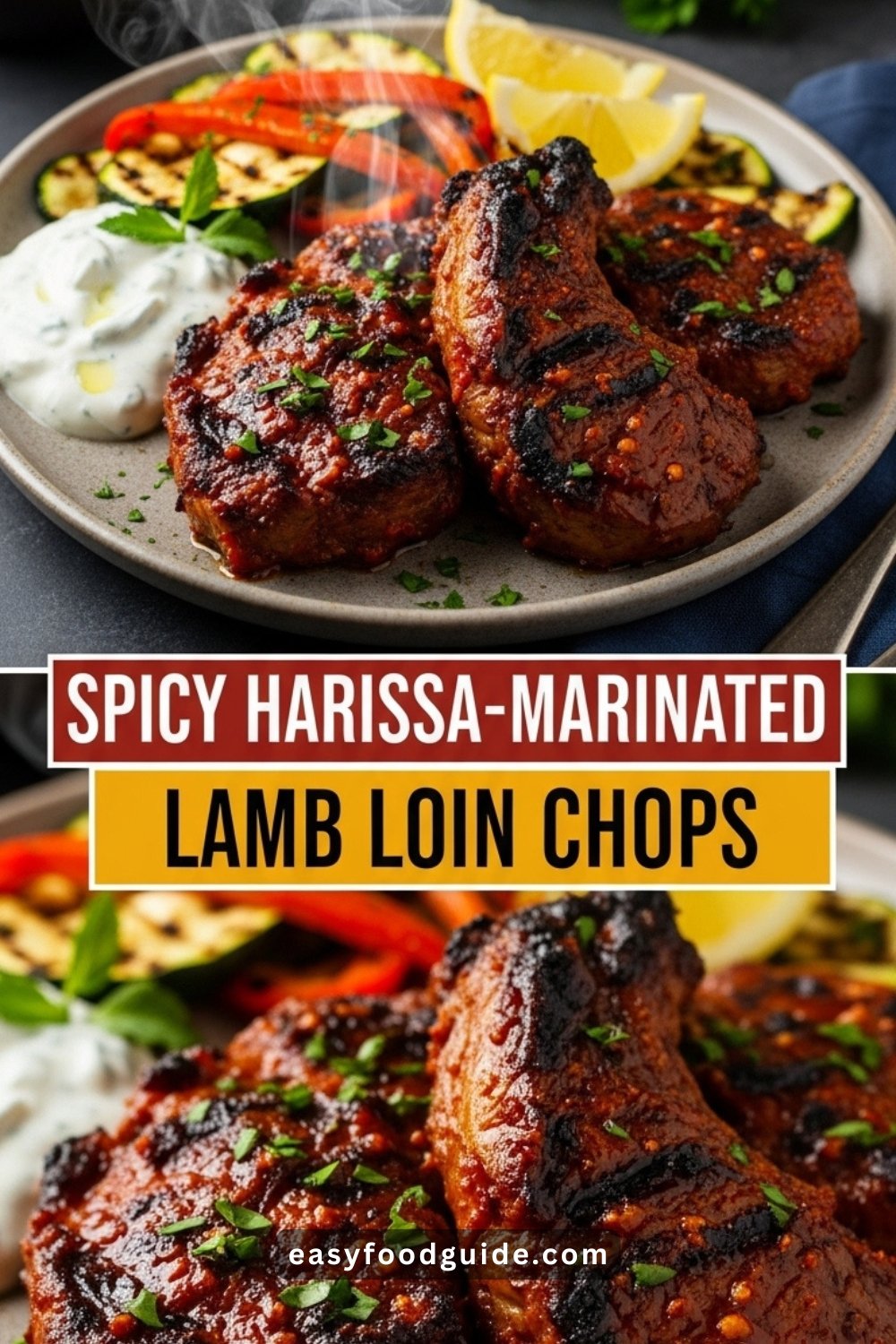 Juicy lamb loin chops marinated in a spicy harissa, beautifully charred on the grill.