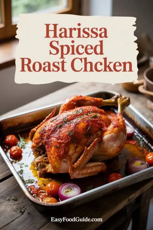 Golden roasted Harissa Spiced Roast Chicken in a cast iron skillet.