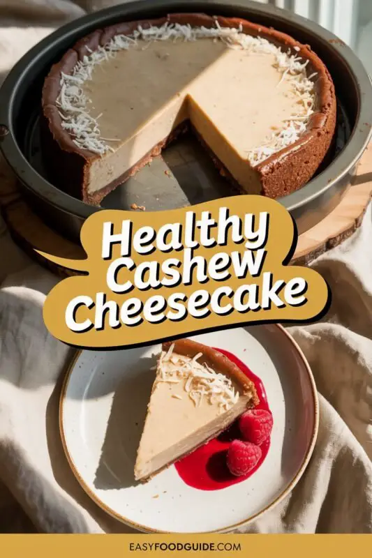 Vegan Cashew Cheesecake topped with berries and mint on a rustic table.