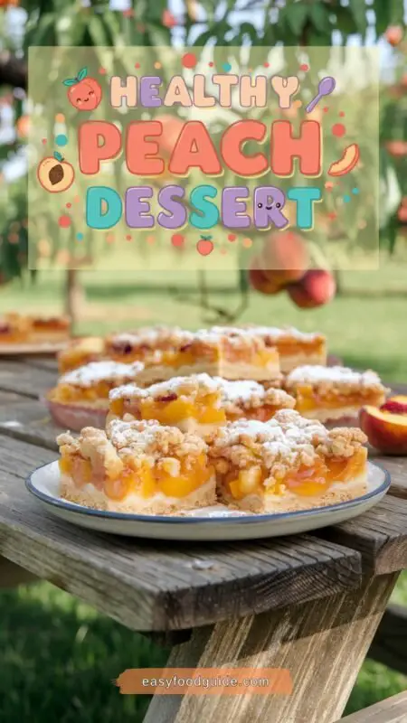 Fresh peaches on a table with a scenic orchard background