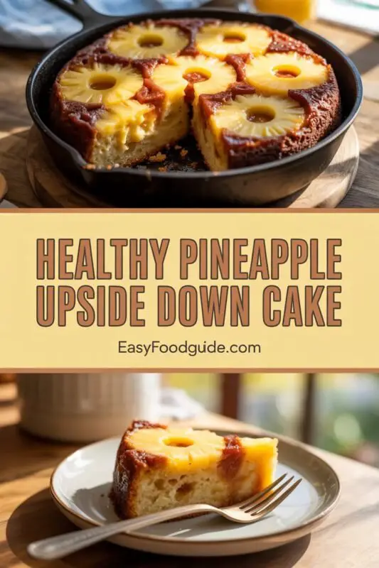 Slice of Healthy Pineapple Upside Down Cake with caramelized pineapple and mint garnish.
