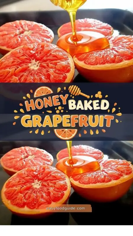 A plate of honey baked grapefruit slices on a wooden table with flowers in the background.