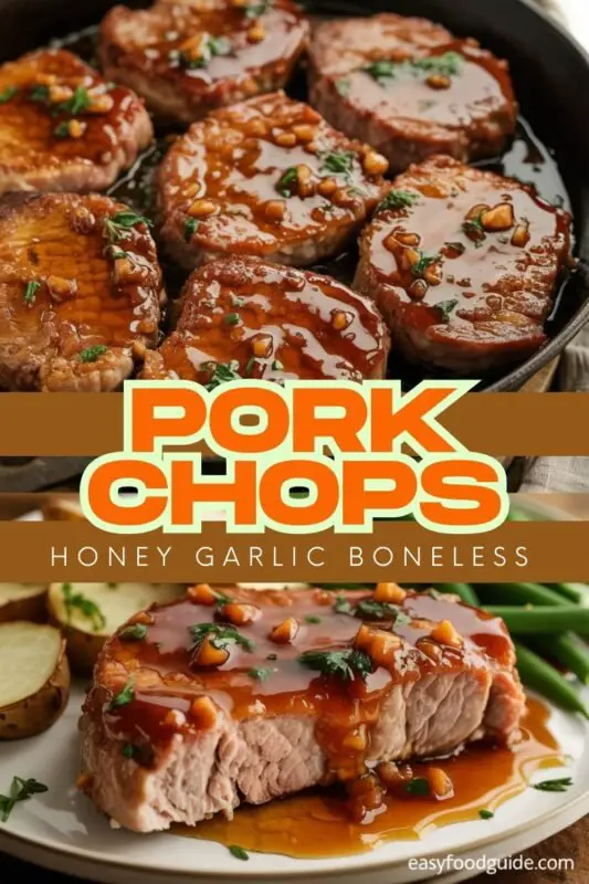 Delicious Honey Garlic Boneless Pork Chops glazed with sauce, served with rice and roasted vegetables on a rustic table.