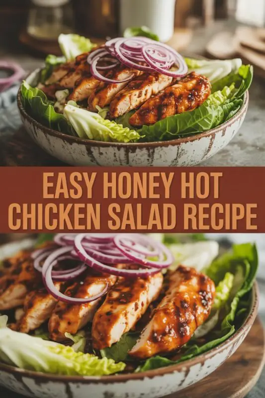A vibrant Hot Honey Chicken Salad with grilled chicken, greens, and colorful vegetables drizzled with spicy honey sauce.