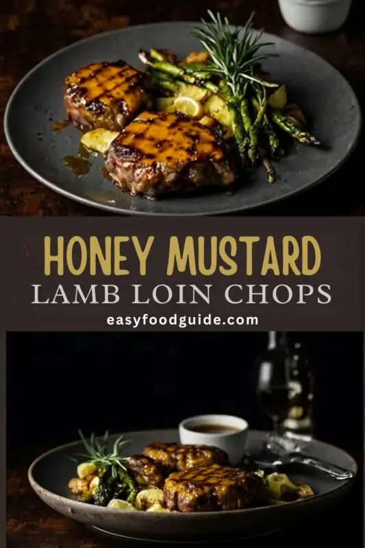 honey-mustard-lamb-loin-00 A rustic white ceramic plate with seared honey mustard lamb loin chops glistening in golden glaze, garnished with fresh rosemary sprigs and thin lemon slices. The chops are surrounded by a side of roasted baby potatoes and charred asparagus, with a drizzle of extra honey mustard sauce on the plate. Soft natural light highlights the juicy texture and caramelized edges, placed on a warm wooden table with a linen napkin and vintage cutlery.