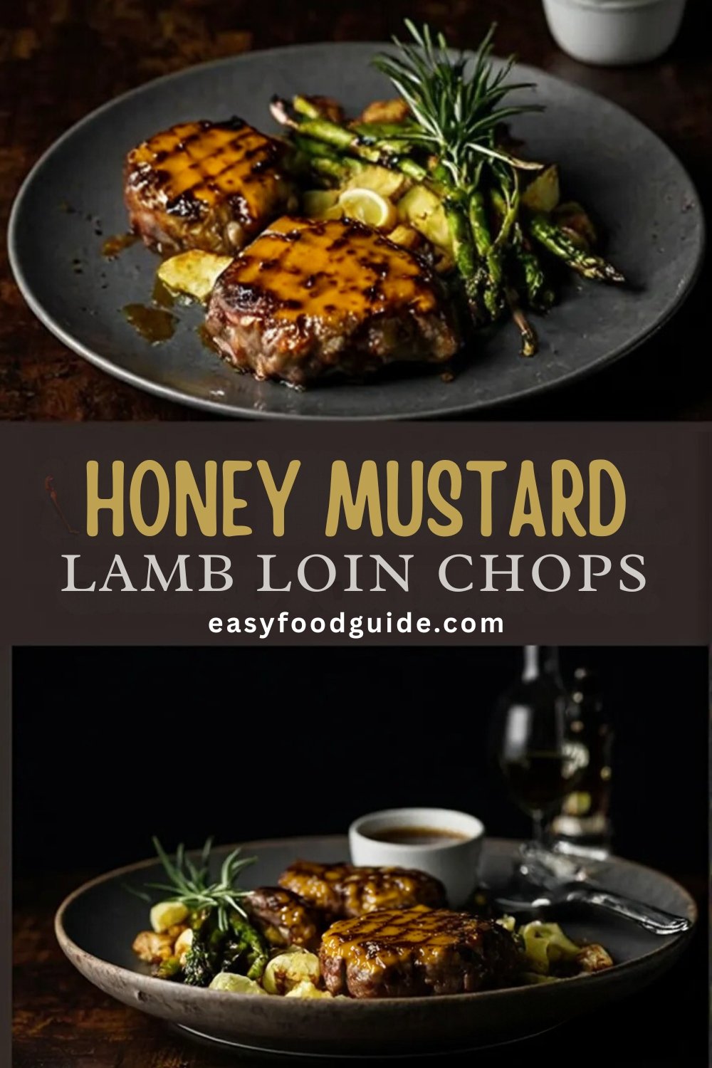 A rustic white ceramic plate with seared honey mustard lamb loin chops glistening in golden glaze, garnished with fresh rosemary sprigs and thin lemon slices. The chops are surrounded by a side of roasted baby potatoes and charred asparagus, with a drizzle of extra honey mustard sauce on the plate. Soft natural light highlights the juicy texture and caramelized edges, placed on a warm wooden table with a linen napkin and vintage cutlery.