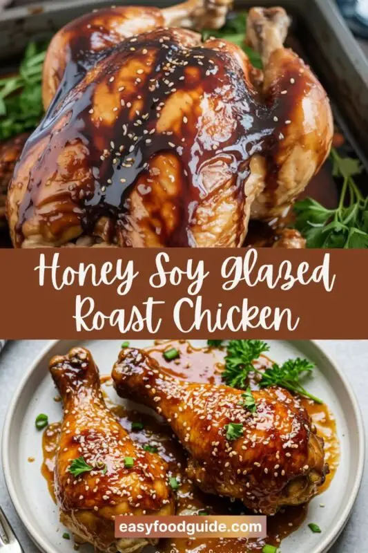 Honey Soy Glazed Roast Chicken on a wooden table, garnished with sesame seeds and green onions.