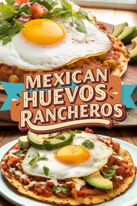 Huevos rancheros with fried eggs on tortillas, topped with salsa and avocado in a colorful kitchen.
