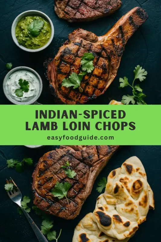 indian-spiced-lamb-loin-01 Grilled Indian-spiced lamb loin chops on a rustic plate with mint chutney, cucumber raita, naan, and spices on a slate surface.
