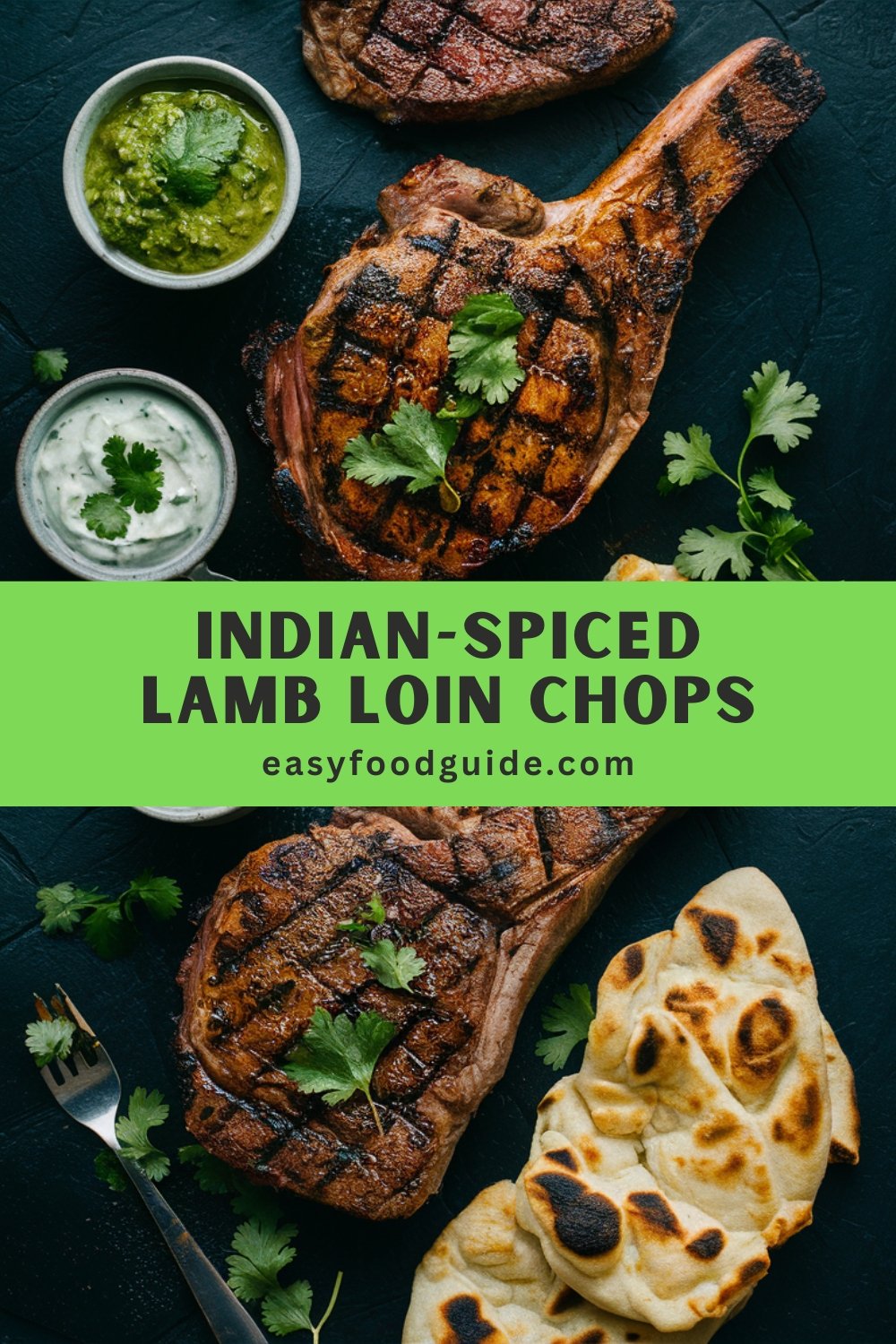 Grilled Indian-spiced lamb loin chops on a rustic plate with mint chutney, cucumber raita, naan, and spices on a slate surface.