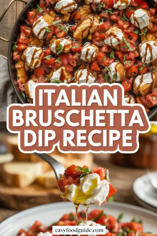 Italian Bruschetta Dip with tomatoes, basil, and cheese, served with crackers on a wooden table.