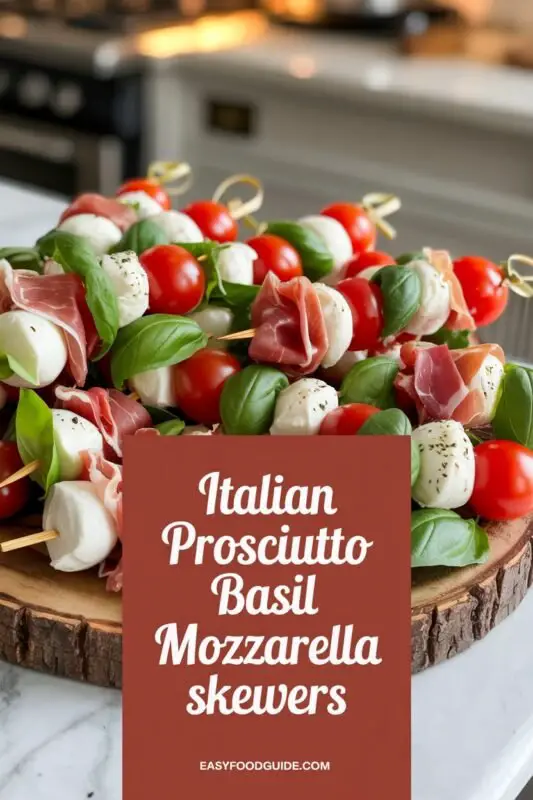 A platter of Italian Prosciutto Basil Mozzarella Skewers with tomatoes, mozzarella, basil, and prosciutto, drizzled with balsamic glaze.