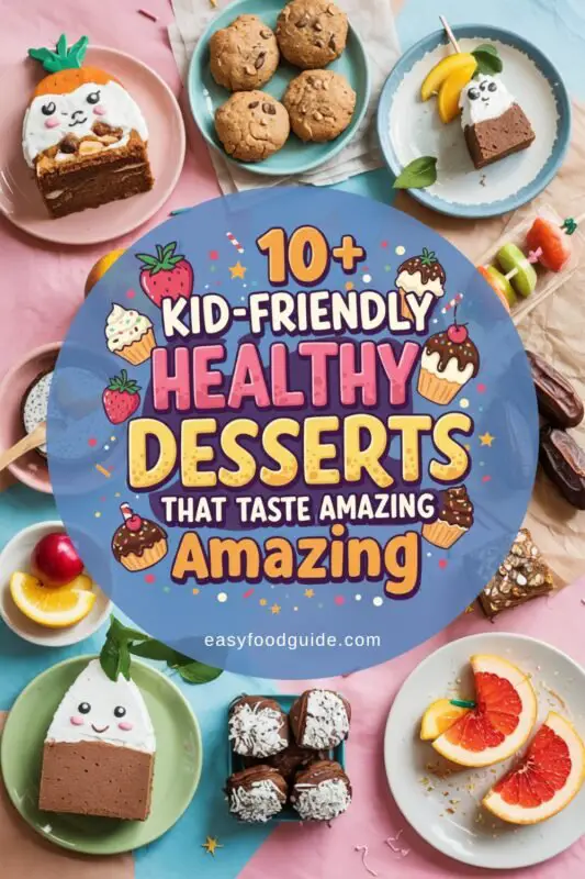 A collection of 10 kid-friendly healthy desserts, including carrot cake, oat cookies, mango chia pudding, healthy peach dessert, tropical fruit skewers with lime zest, date loaf, healthy date recipe, coconut macaroons, pear dessert, and honey-baked grapefruit, all designed to taste amazing and be nutritious.