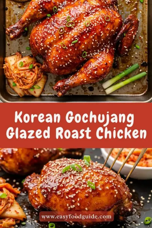 Roasted chicken thighs glazed with Gochujang sauce, topped with sesame seeds and scallions, served with kimchi.